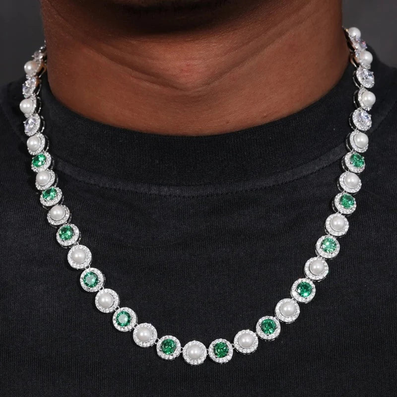 Pearl & green Halo Tennis Chain - 9.5mm