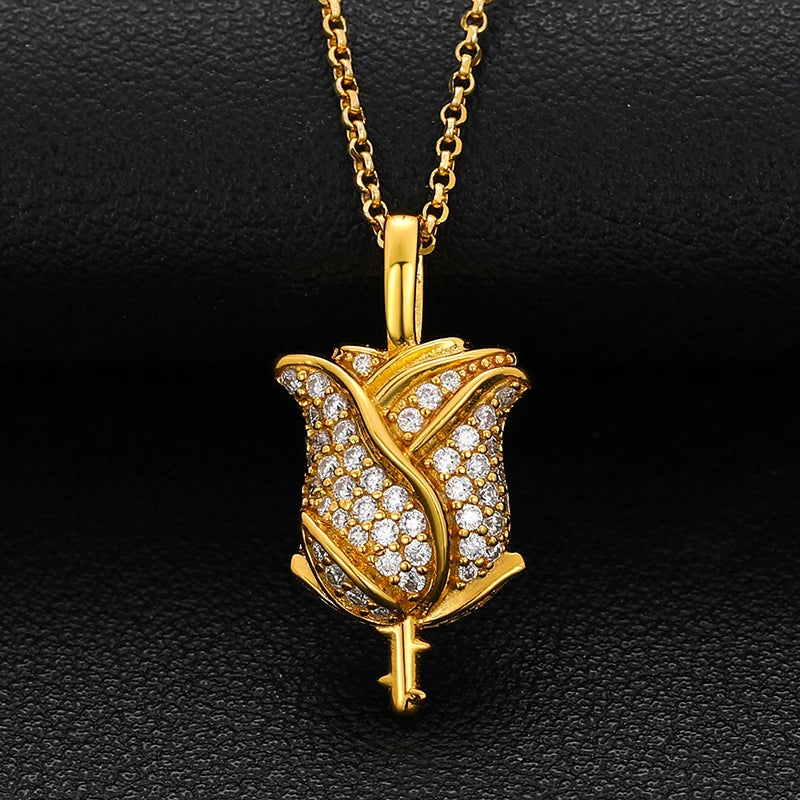 iced out gold rose pendant 