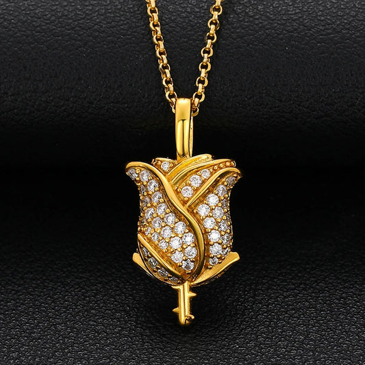 iced out gold rose pendant 