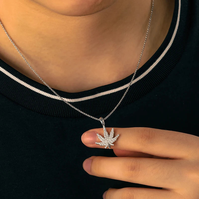 iced out white gold marijuana pendant